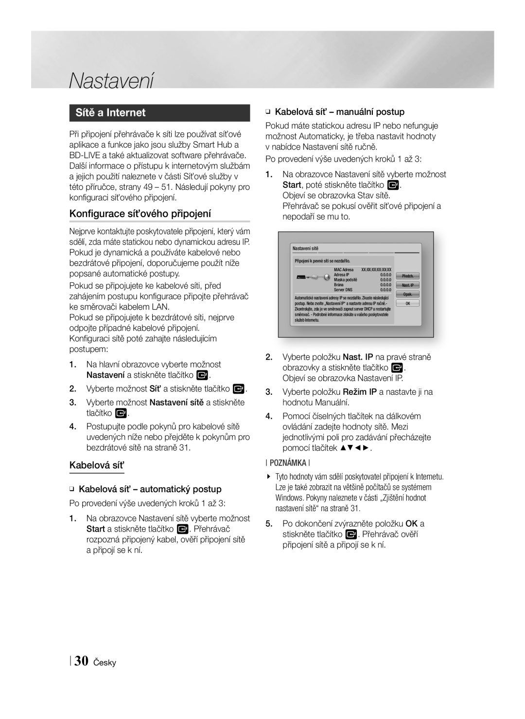 Samsung BD-ES7000/EN manual Sítě a Internet, Konfigurace síťového připojení, Kabelová síť, 30 Česky 