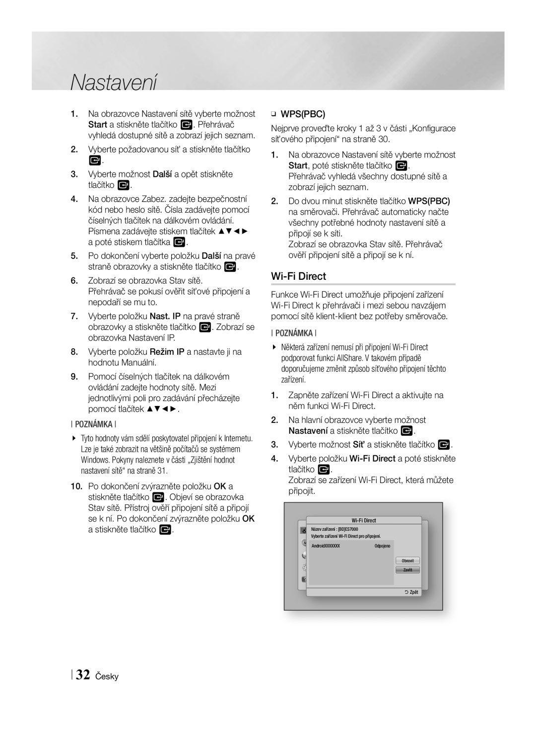 Samsung BD-ES7000/EN manual Wi-Fi Direct, Písmena zadávejte stiskem tlačítek a poté stiskem tlačítka, ĞĞ Wpspbc, 32 Česky 