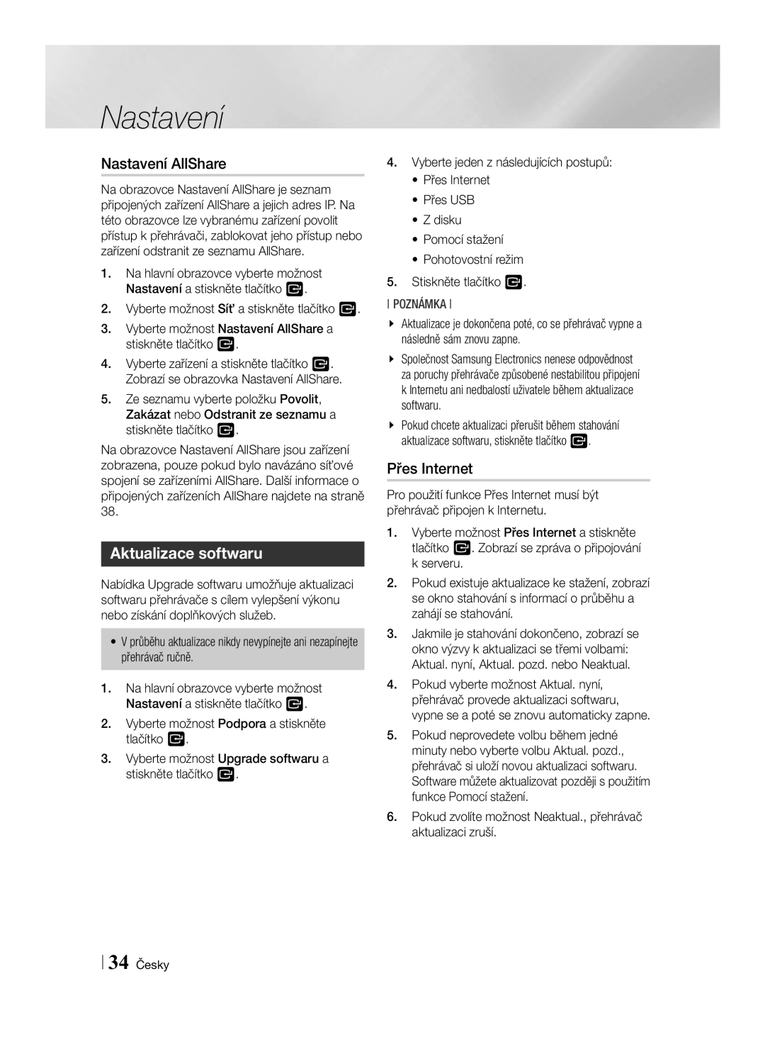 Samsung BD-ES7000/EN manual Nastavení AllShare, Aktualizace softwaru, Přes Internet, 34 Česky 