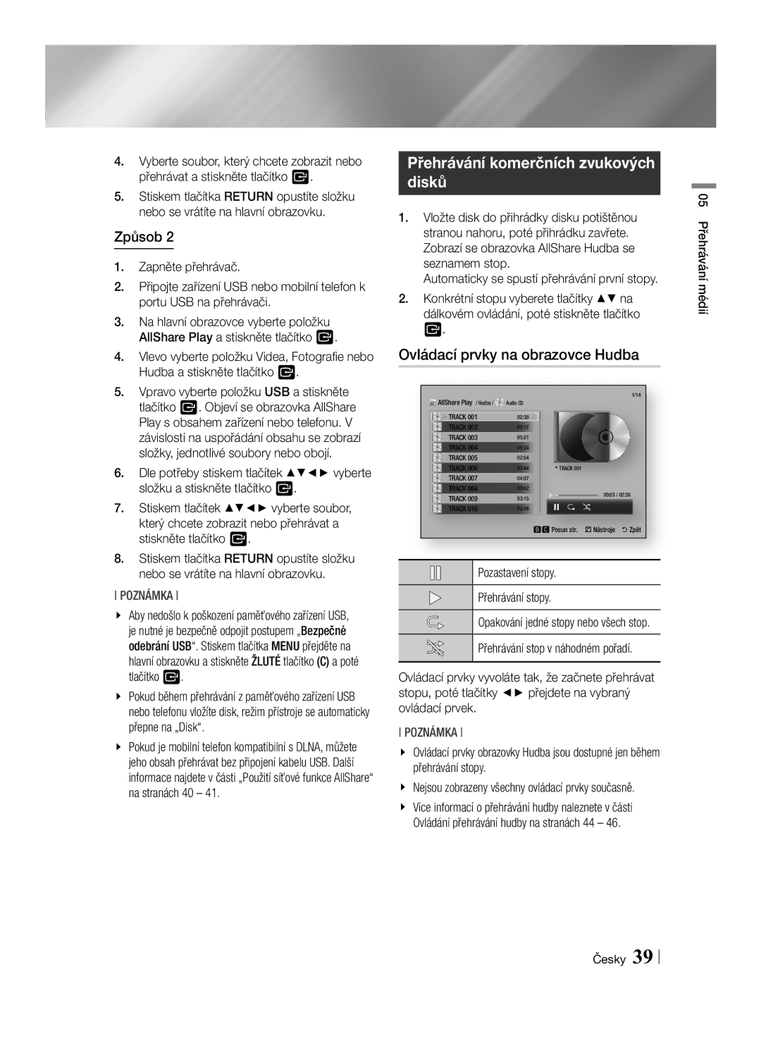 Samsung BD-ES7000/EN manual Přehrávání komerčních zvukových disků, Ovládací prvky na obrazovce Hudba 