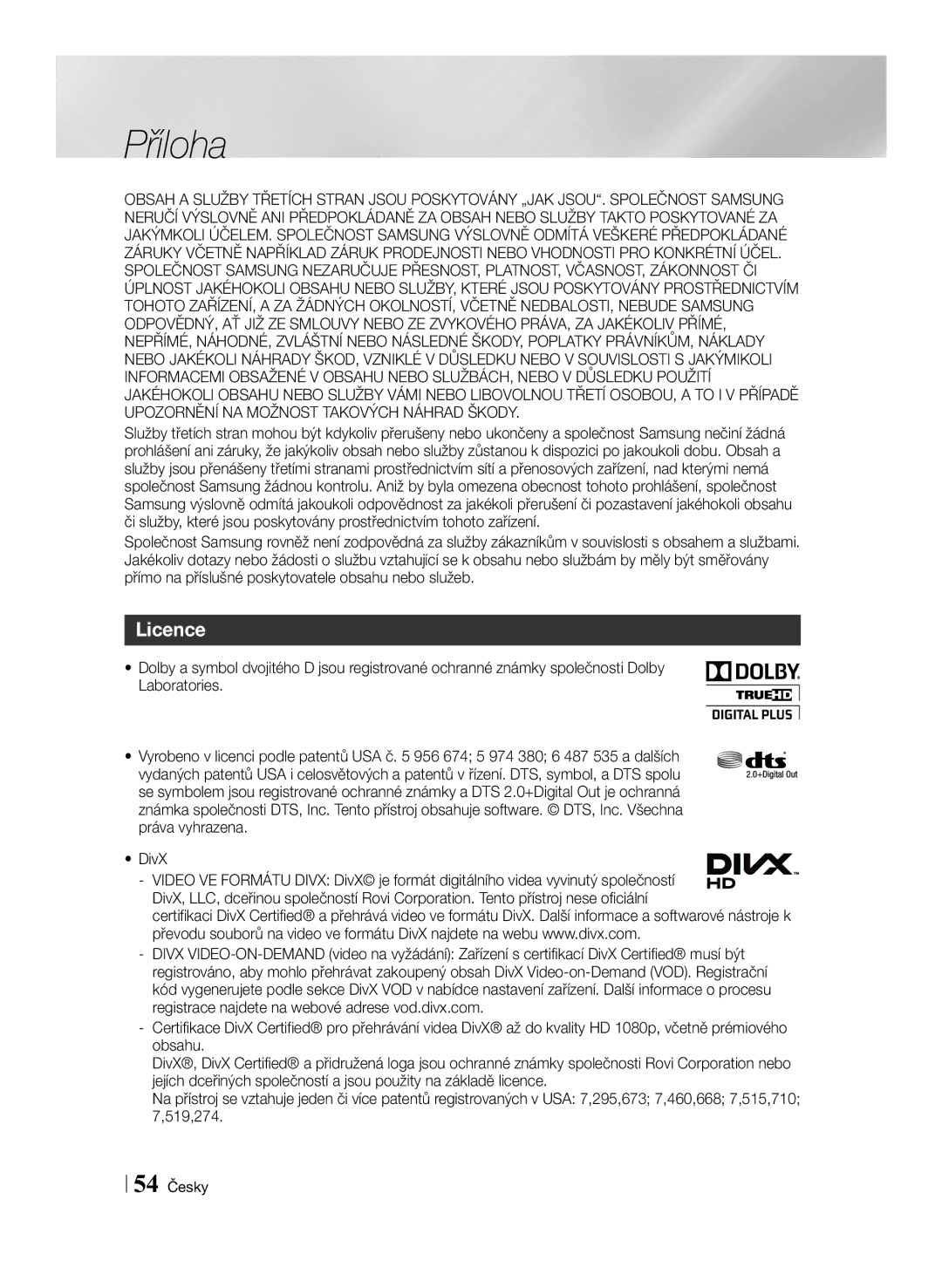 Samsung BD-ES7000/EN manual Licence, 54 Česky 