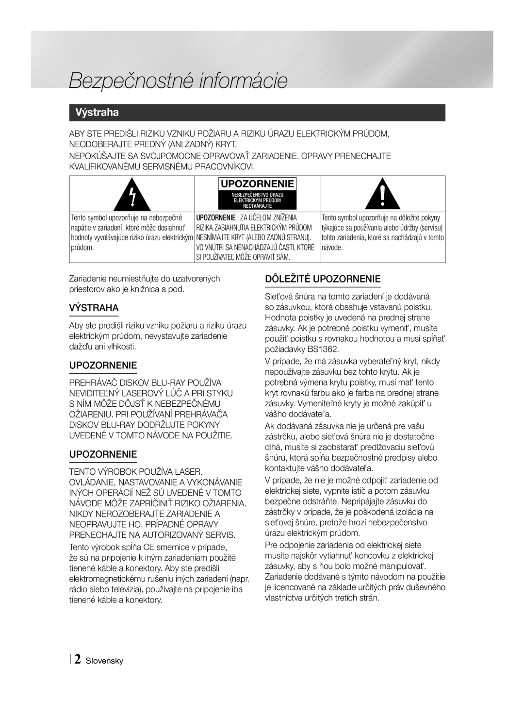 Samsung BD-ES7000/EN manual Bezpečnostné informácie, Výstraha, Prúdom, Návode, Slovensky 