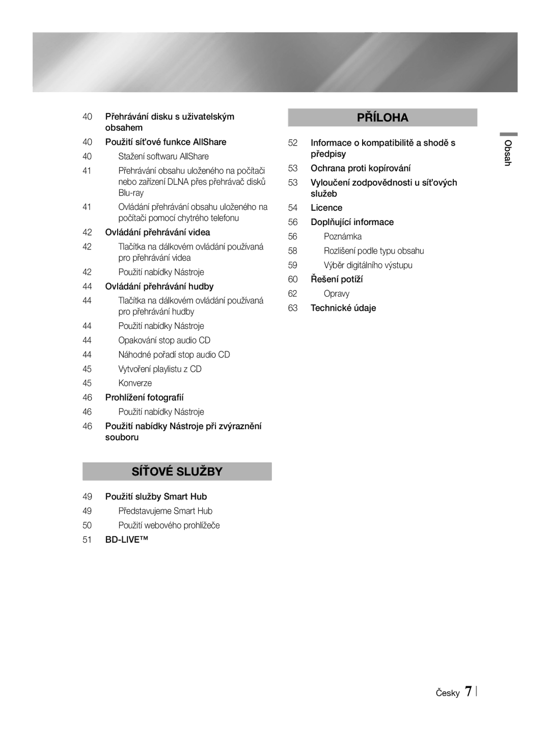 Samsung BD-ES7000/EN manual Bd-Live, Obsah Česky 