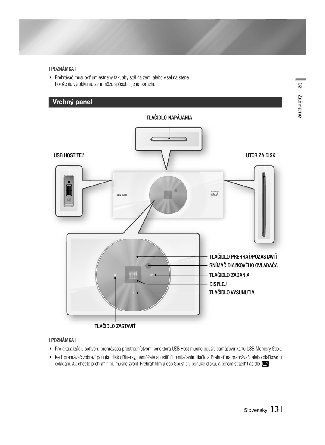 Samsung BD-ES7000/EN manual Vrchný panel, Tlačidlo Napájania USB Hostiteľ, 02 Začíname 