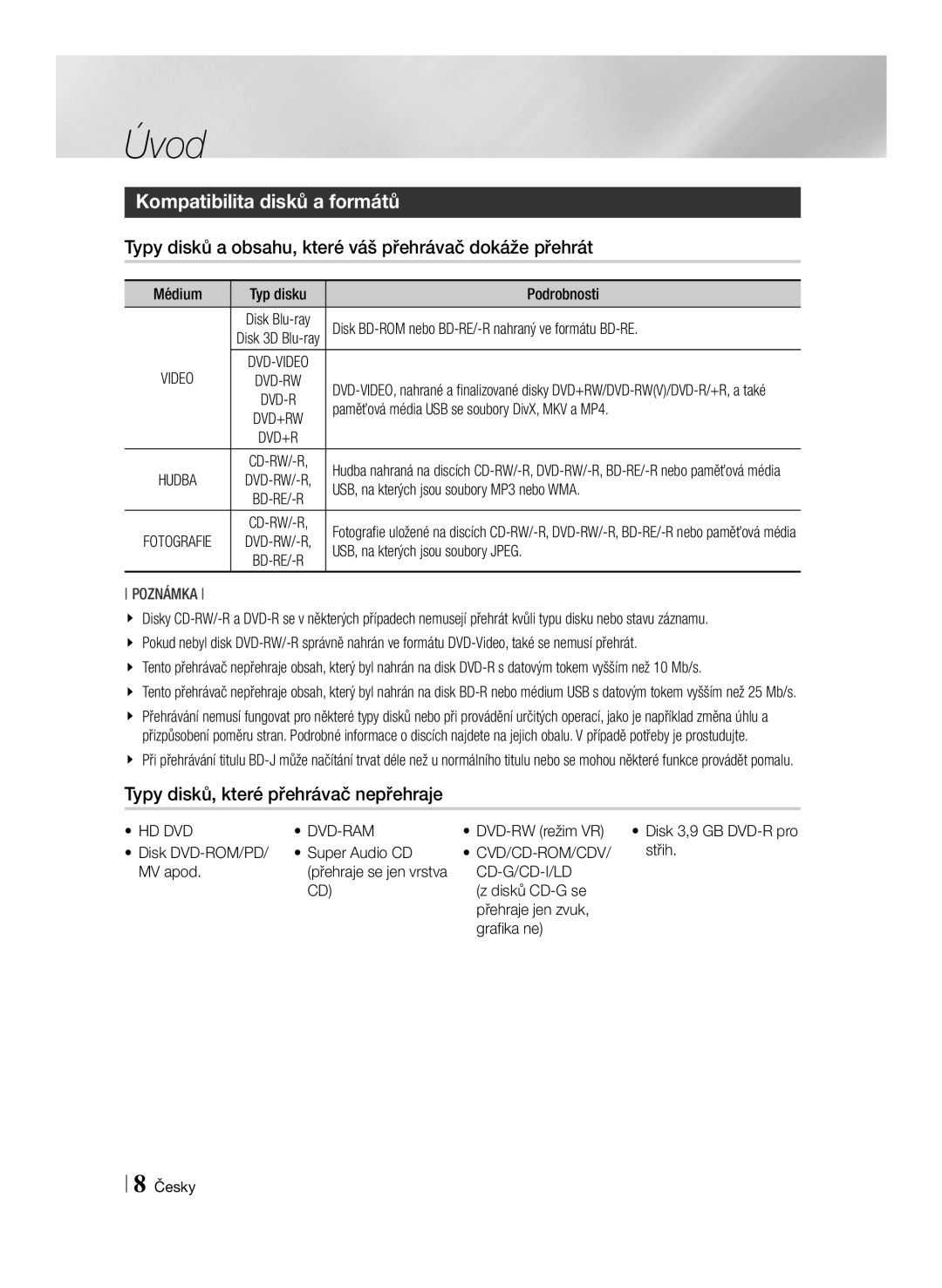 Samsung BD-ES7000/EN manual Úvod, Kompatibilita disků a formátů, Typy disků a obsahu, které váš přehrávač dokáže přehrát 