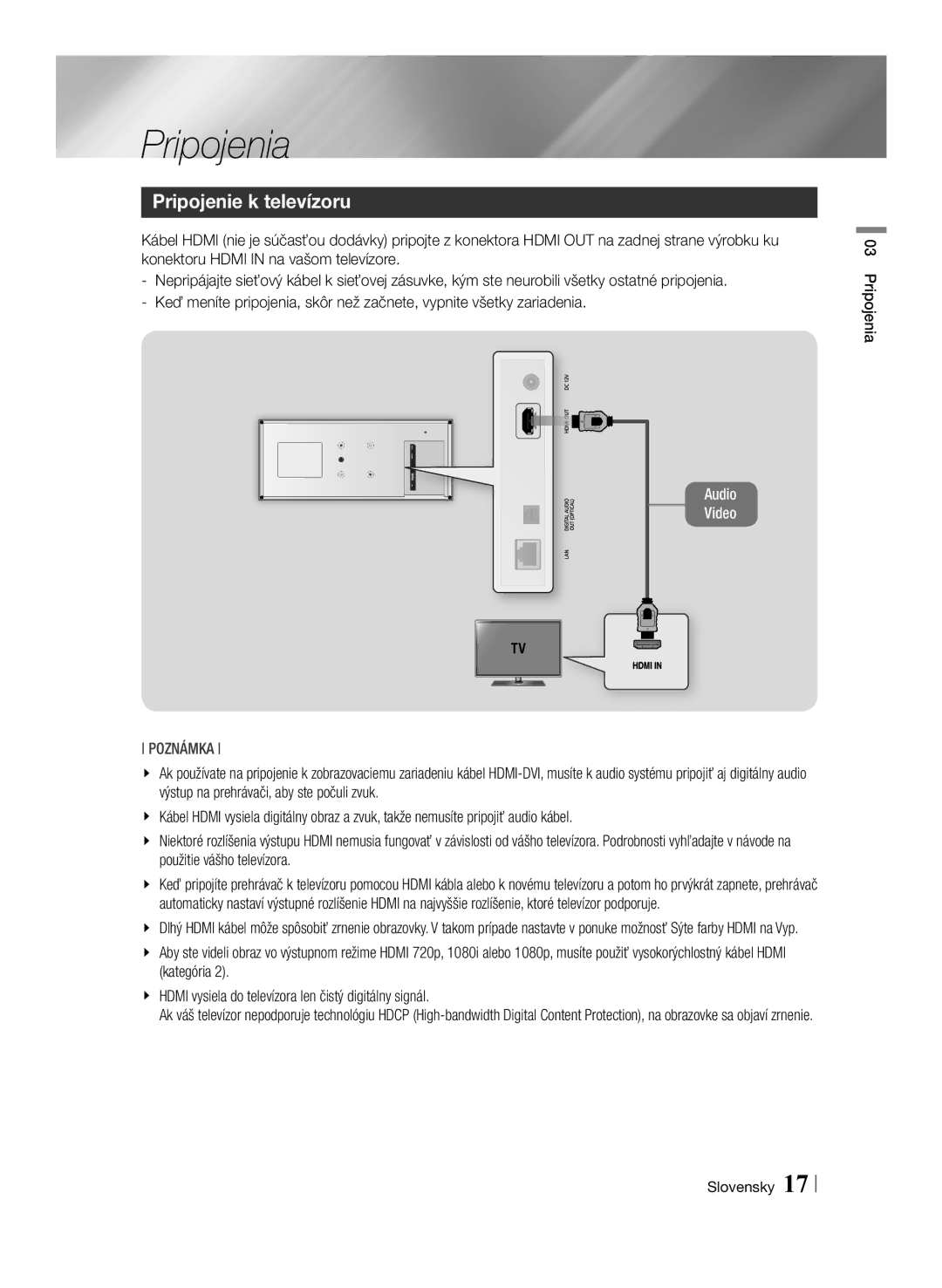 Samsung BD-ES7000/EN manual Pripojenie k televízoru, Pripojenia Slovensky 