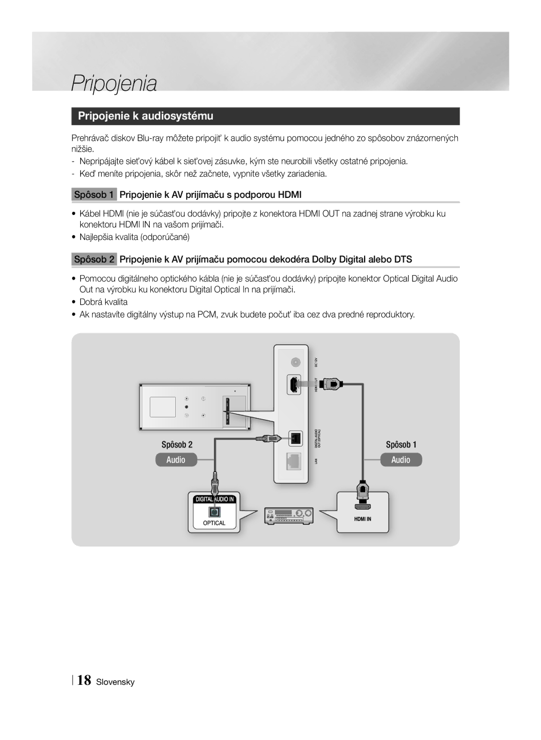 Samsung BD-ES7000/EN manual Pripojenie k audiosystému, Spôsob 