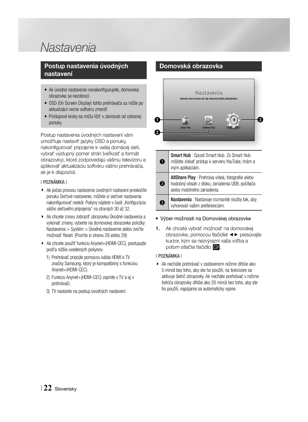 Samsung BD-ES7000/EN manual Nastavenia, Postup nastavenia úvodných nastavení, Domovská obrazovka 