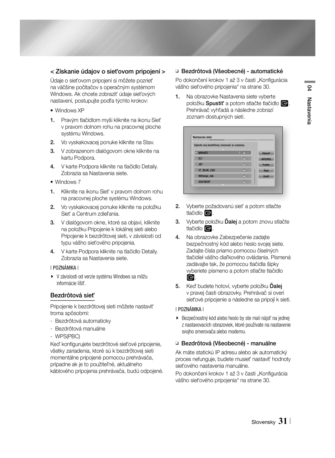 Samsung BD-ES7000/EN manual Získanie údajov o sieťovom pripojení, Bezdrôtová sieť, ĞĞ Bezdrôtová Všeobecné automatické 