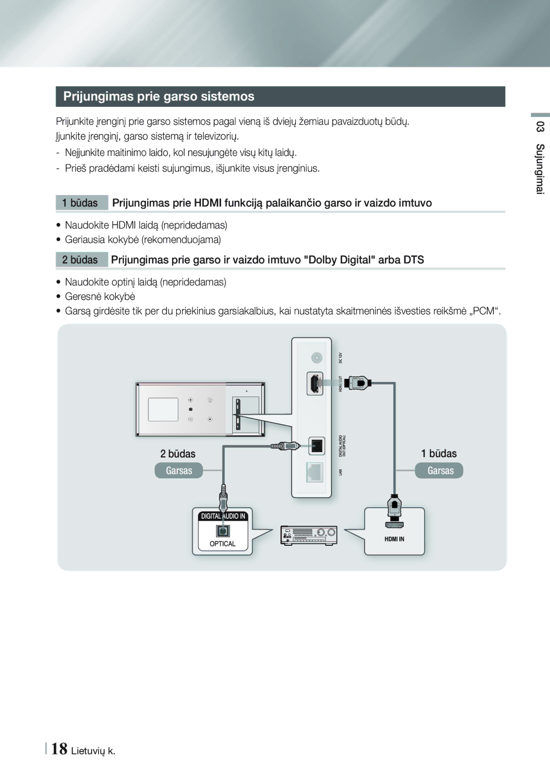 Samsung BD-ES7000/EN manual Prijungimas prie garso sistemos, Būdas 