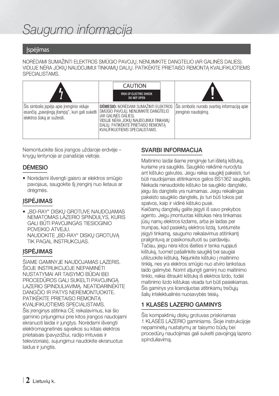 Samsung BD-ES7000/EN manual Saugumo informacija, Įspėjimas 