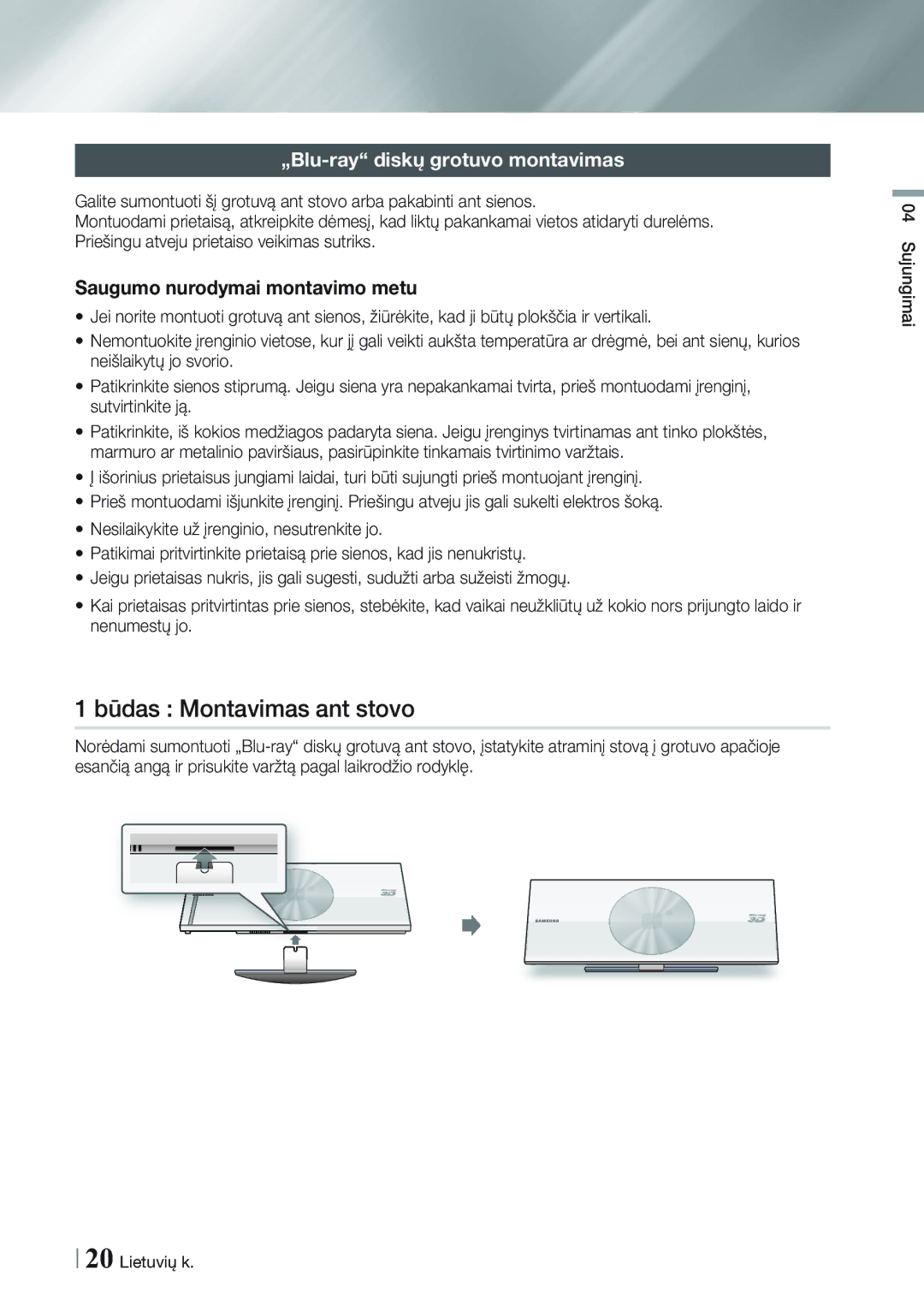 Samsung BD-ES7000/EN manual Būdas Montavimas ant stovo 