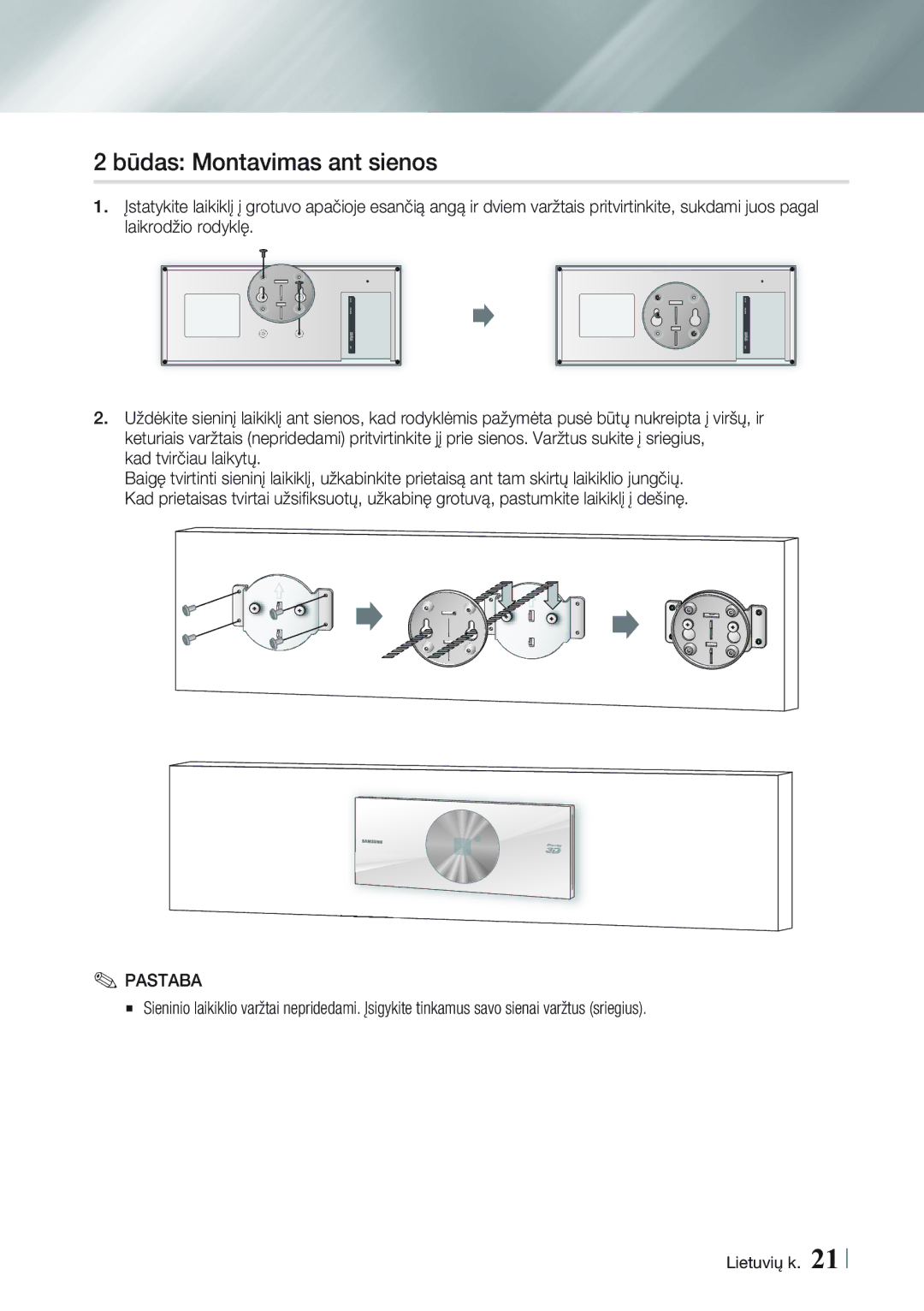 Samsung BD-ES7000/EN manual Būdas Montavimas ant sienos, Kad tvirčiau laikytų 