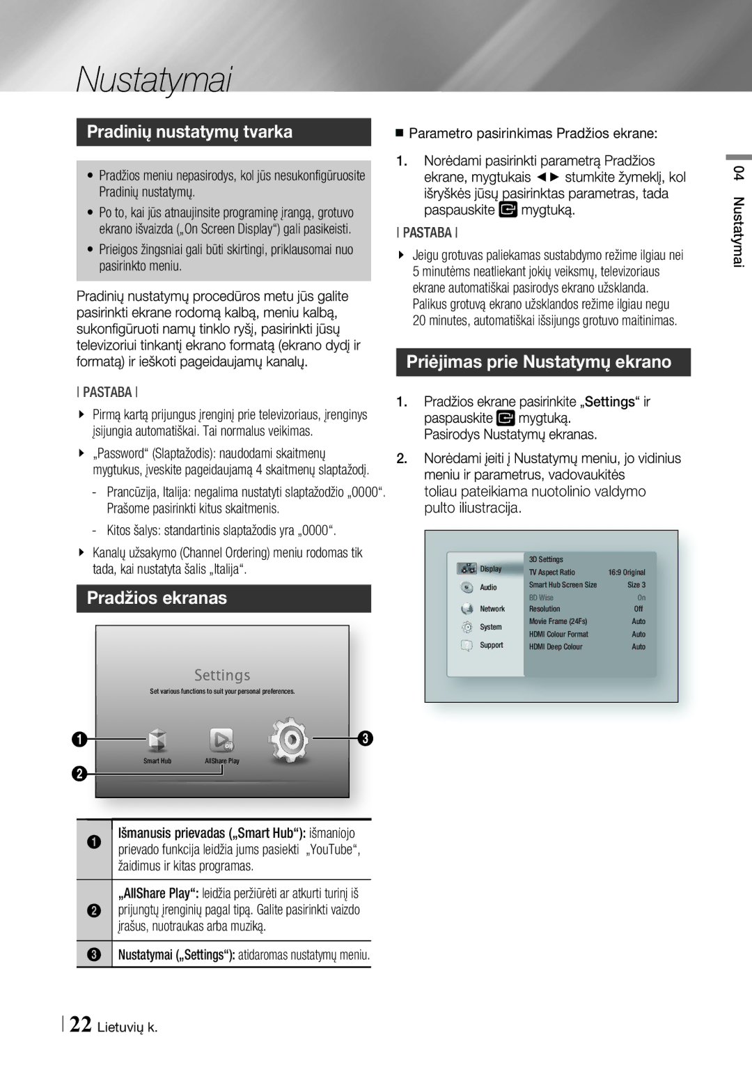 Samsung BD-ES7000/EN manual Pradinių nustatymų tvarka, Pradžios ekranas, Priėjimas prie Nustatymų ekrano 