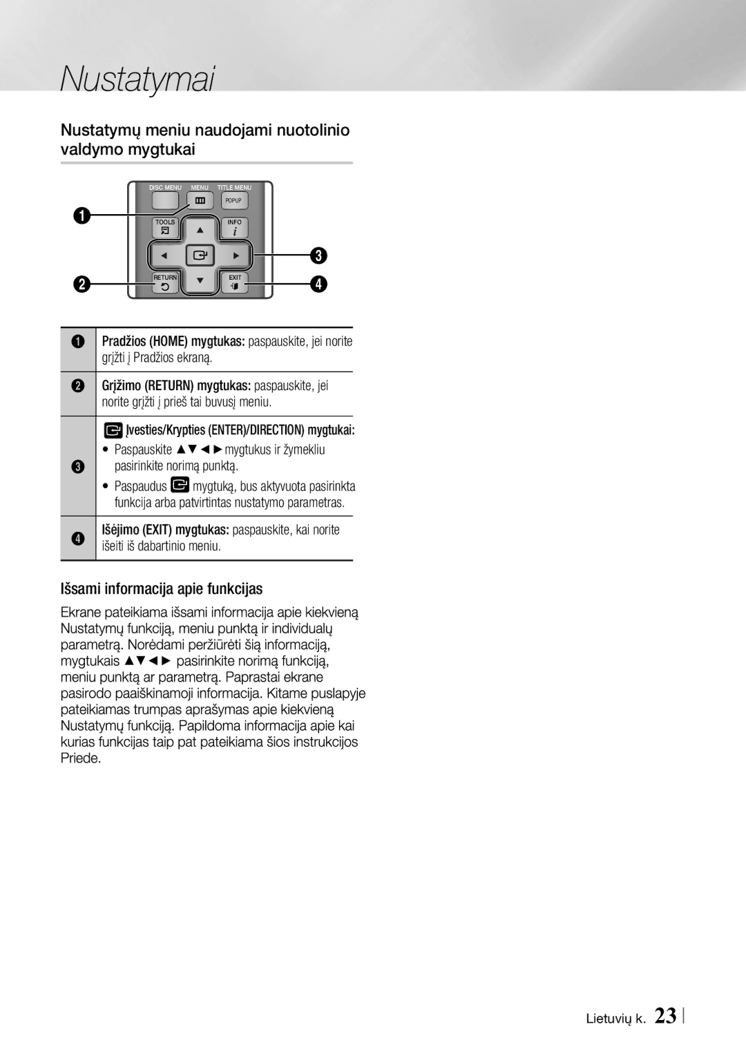 Samsung BD-ES7000/EN manual Nustatymų meniu naudojami nuotolinio valdymo mygtukai, Išeiti iš dabartinio meniu 