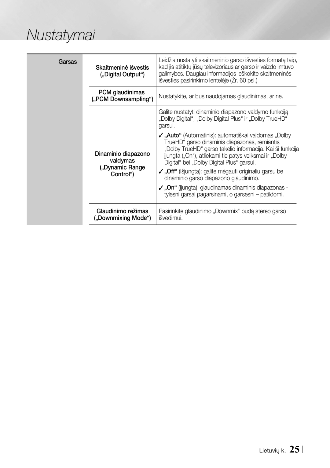 Samsung BD-ES7000/EN manual Garsas Skaitmeninė išvestis, Išvesties pasirinkimo lentelėje Žr psl PCM glaudinimas, Garsui 