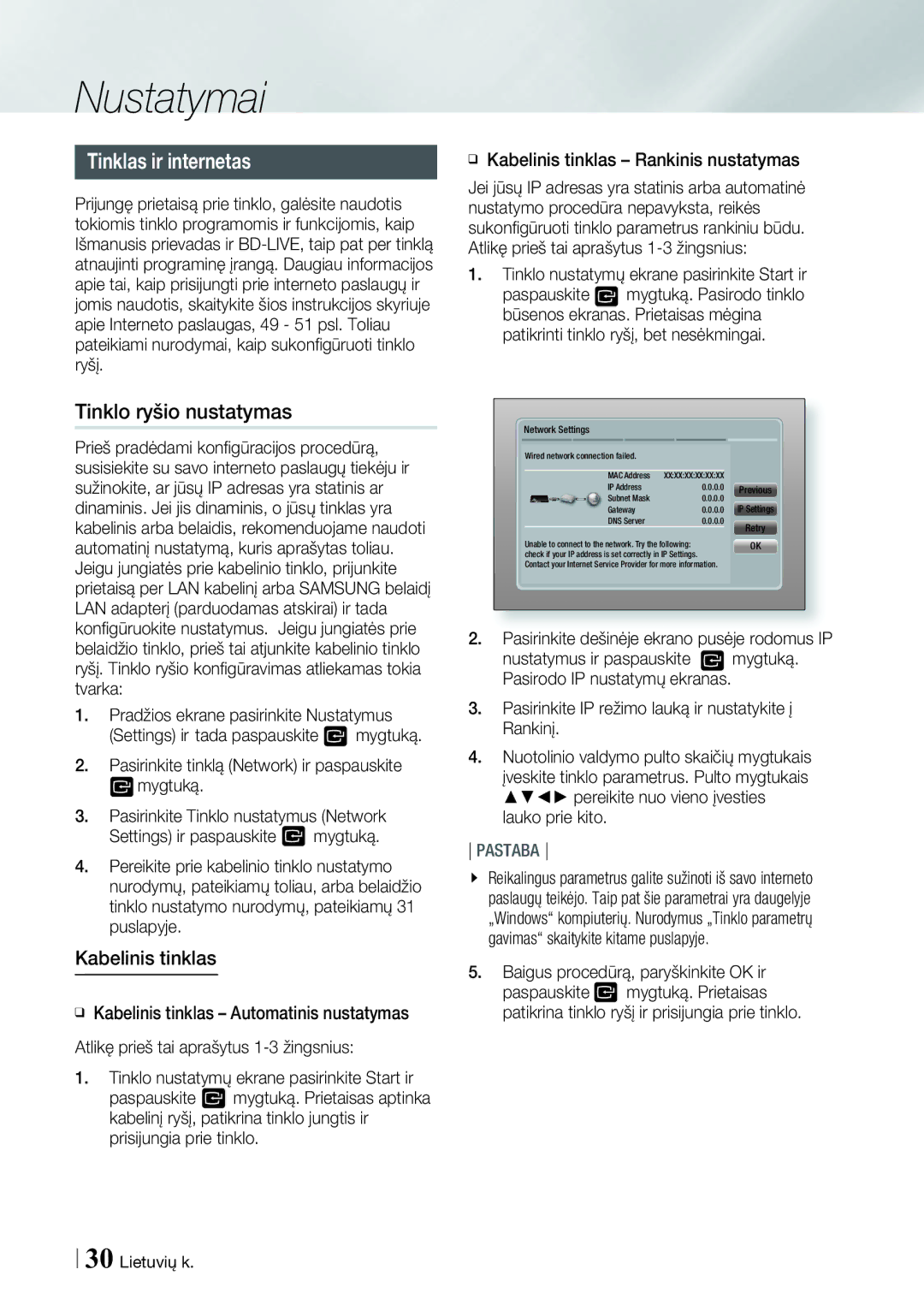 Samsung BD-ES7000/EN manual Tinklas ir internetas, Tinklo ryšio nustatymas 