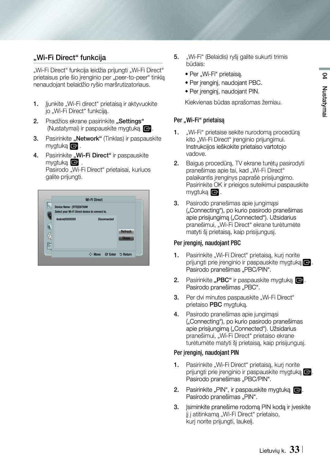 Samsung BD-ES7000/EN manual „Wi-Fi Direct funkcija, Būdais, Vadove, Mygtuką Pasirodo pranešimas apie jungimąsi 