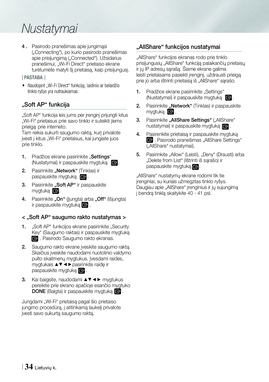 Samsung BD-ES7000/EN manual „Soft AP funkcija, „AllShare funkcijos nustatymai, Pasirodo Saugumo rakto ekranas 