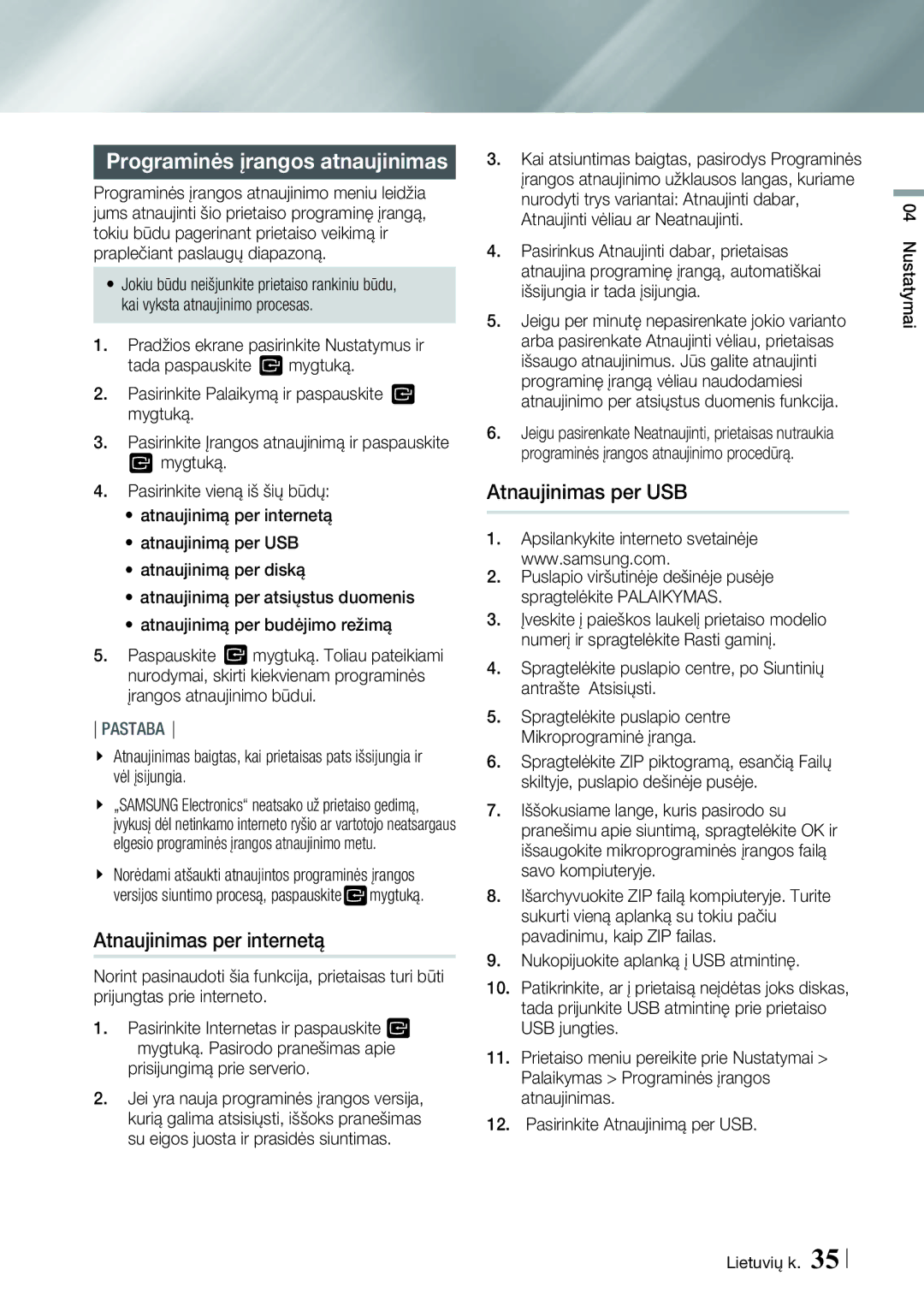 Samsung BD-ES7000/EN manual Programinės įrangos atnaujinimas, Atnaujinimas per internetą, Atnaujinimas per USB 