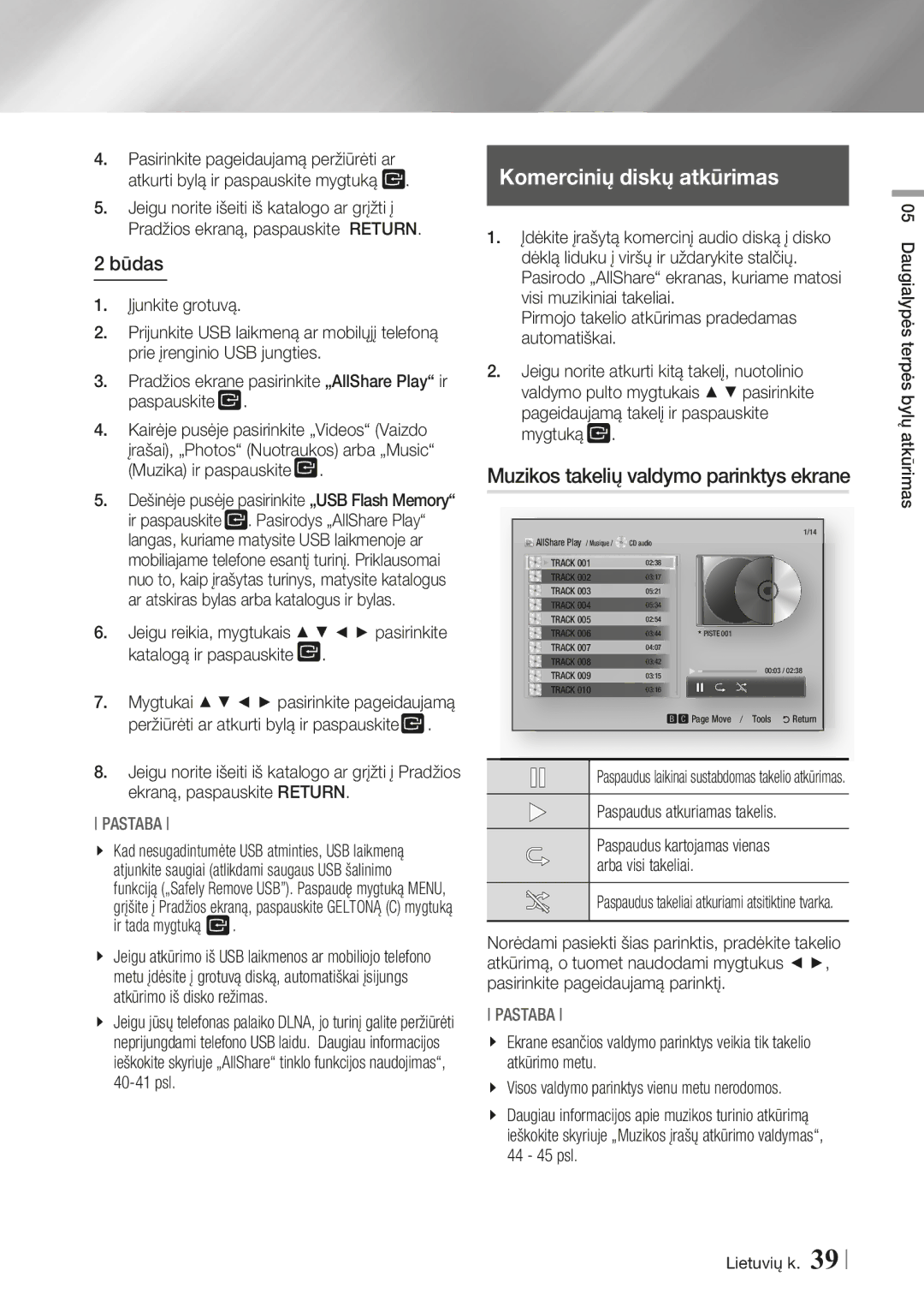 Samsung BD-ES7000/EN manual Komercinių diskų atkūrimas, Paspauskite 