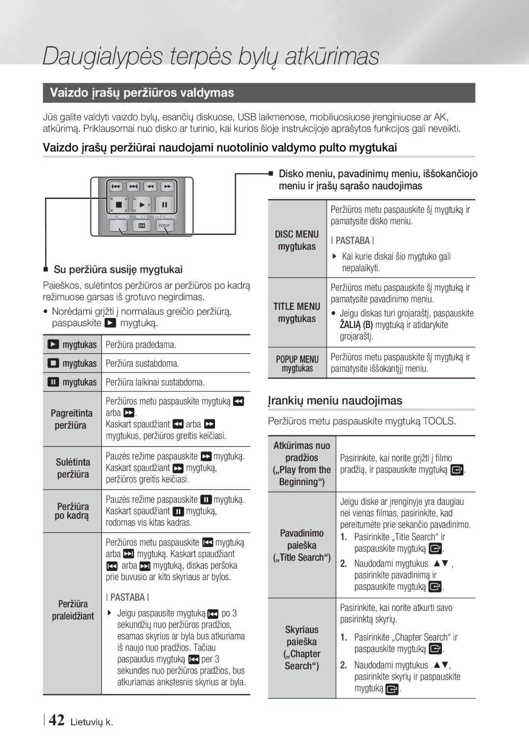 Samsung BD-ES7000/EN manual Vaizdo įrašų peržiūros valdymas 