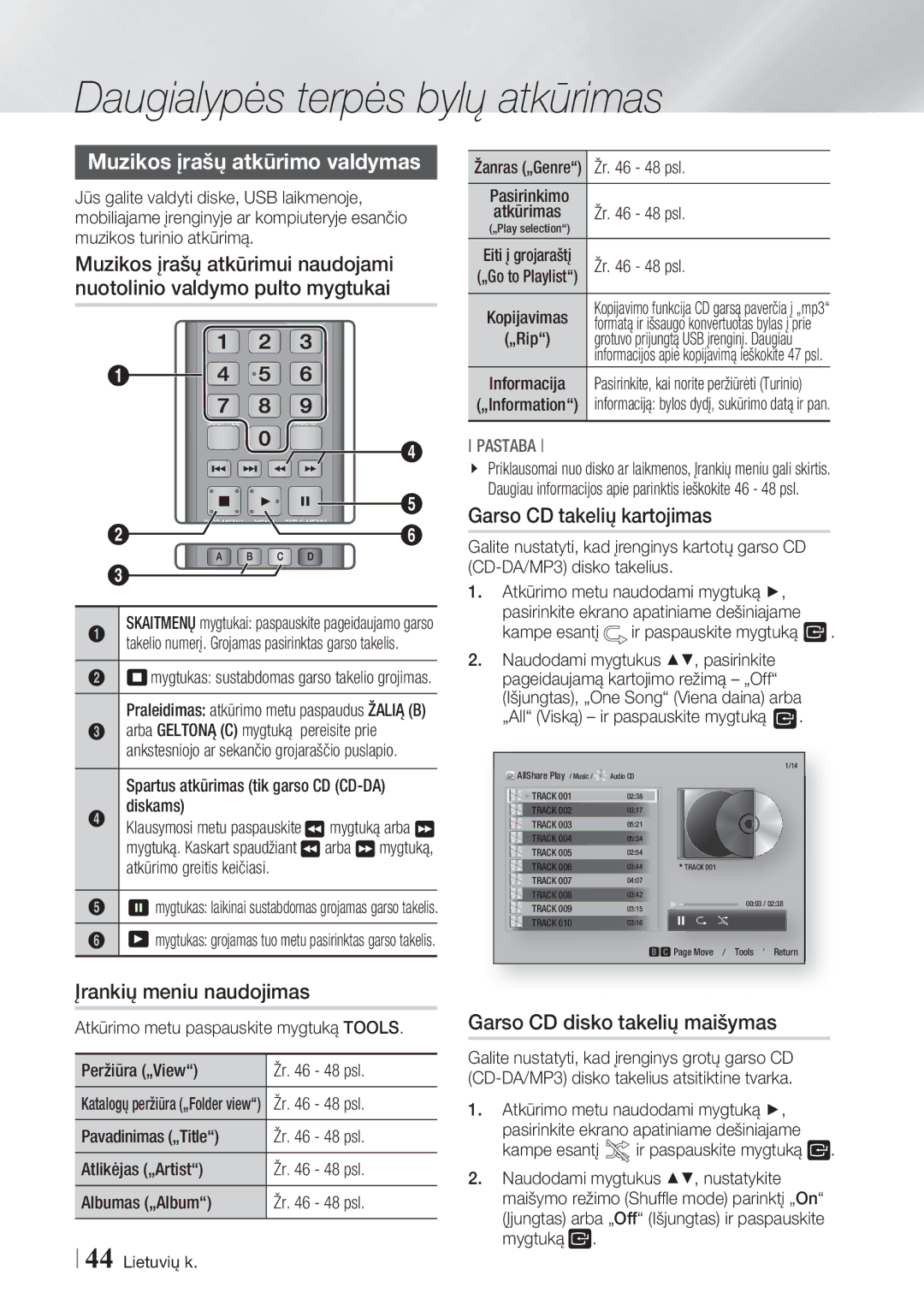 Samsung BD-ES7000/EN manual Muzikos įrašų atkūrimo valdymas 