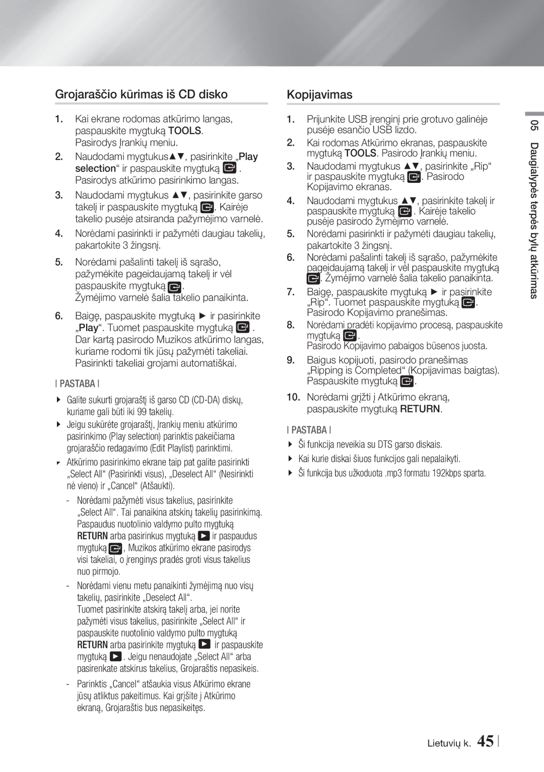 Samsung BD-ES7000/EN manual Naudodami mygtukus , pasirinkite garso, Norėdami pažymėti visus takelius, pasirinkite 