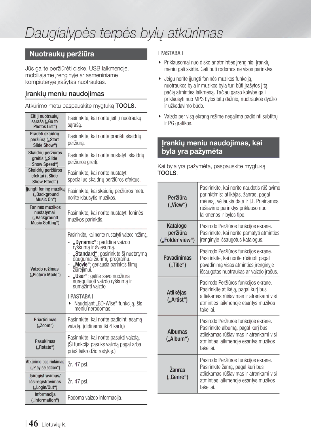 Samsung BD-ES7000/EN manual Nuotraukų peržiūra, Įrankių meniu naudojimas, kai Byla yra pažymėta 