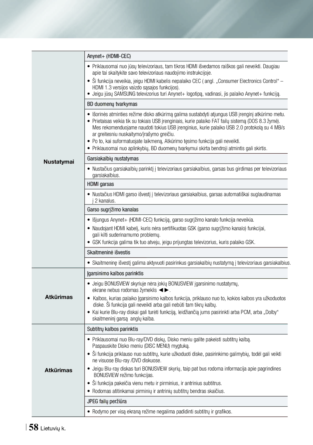 Samsung BD-ES7000/EN manual Nustatymai 