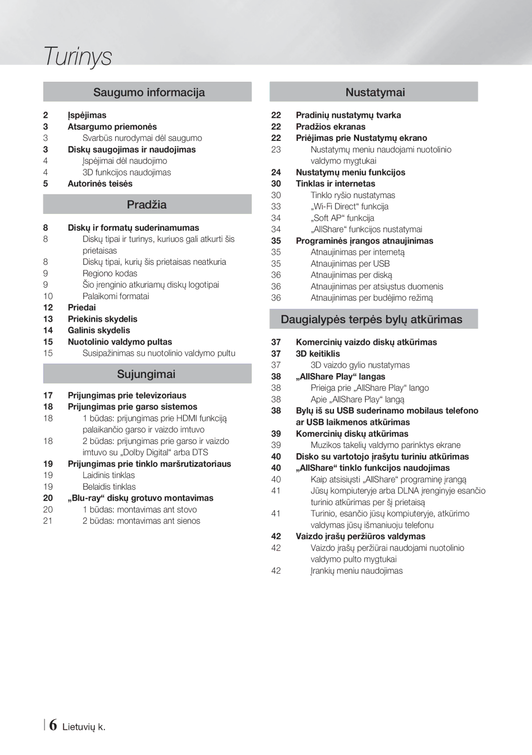 Samsung BD-ES7000/EN manual Turinys 