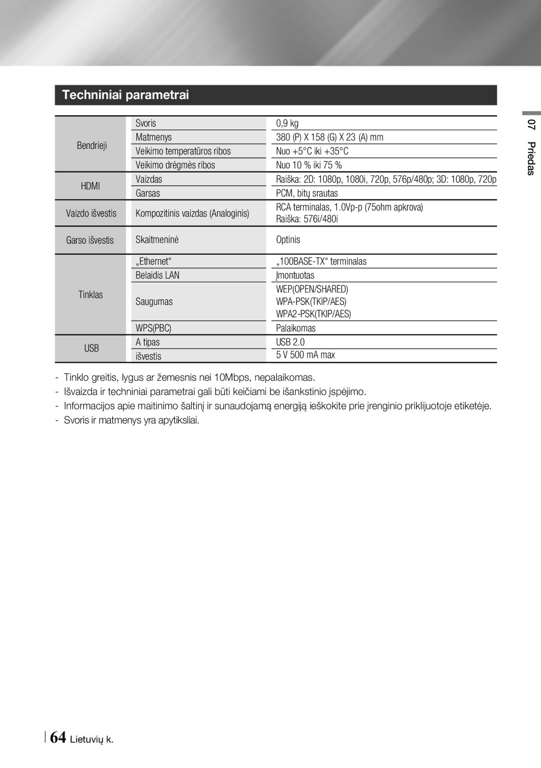 Samsung BD-ES7000/EN manual Techniniai parametrai 