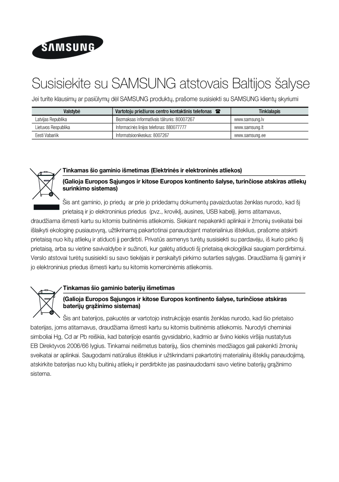 Samsung BD-ES7000/EN manual Susisiekite su Samsung atstovais Baltijos šalyse 