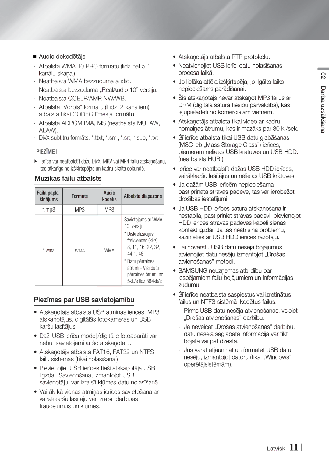 Samsung BD-ES7000/EN Mūzikas failu atbalsts, Piezīmes par USB savietojamību, Atbalsta Adpcm IMA, MS neatbalsta MULAW, Alaw 