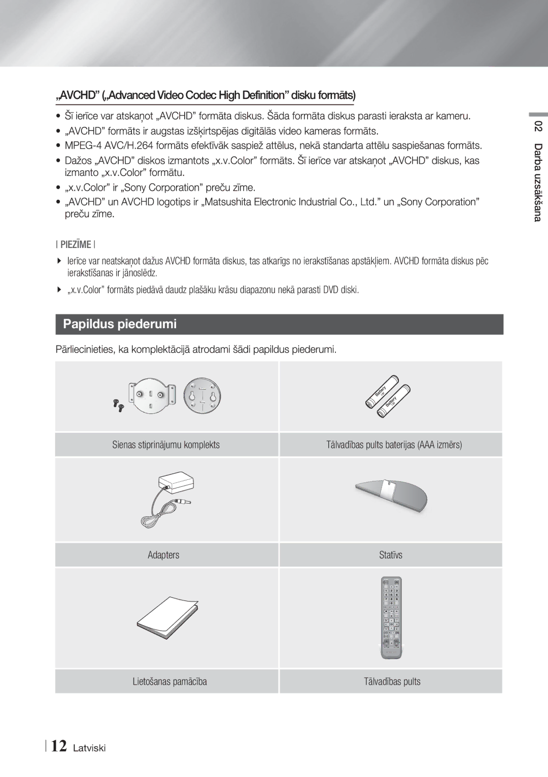 Samsung BD-ES7000/EN manual Papildus piederumi, „AVCHD „Advanced Video Codec High Definition disku formāts, Darba uzsākšana 