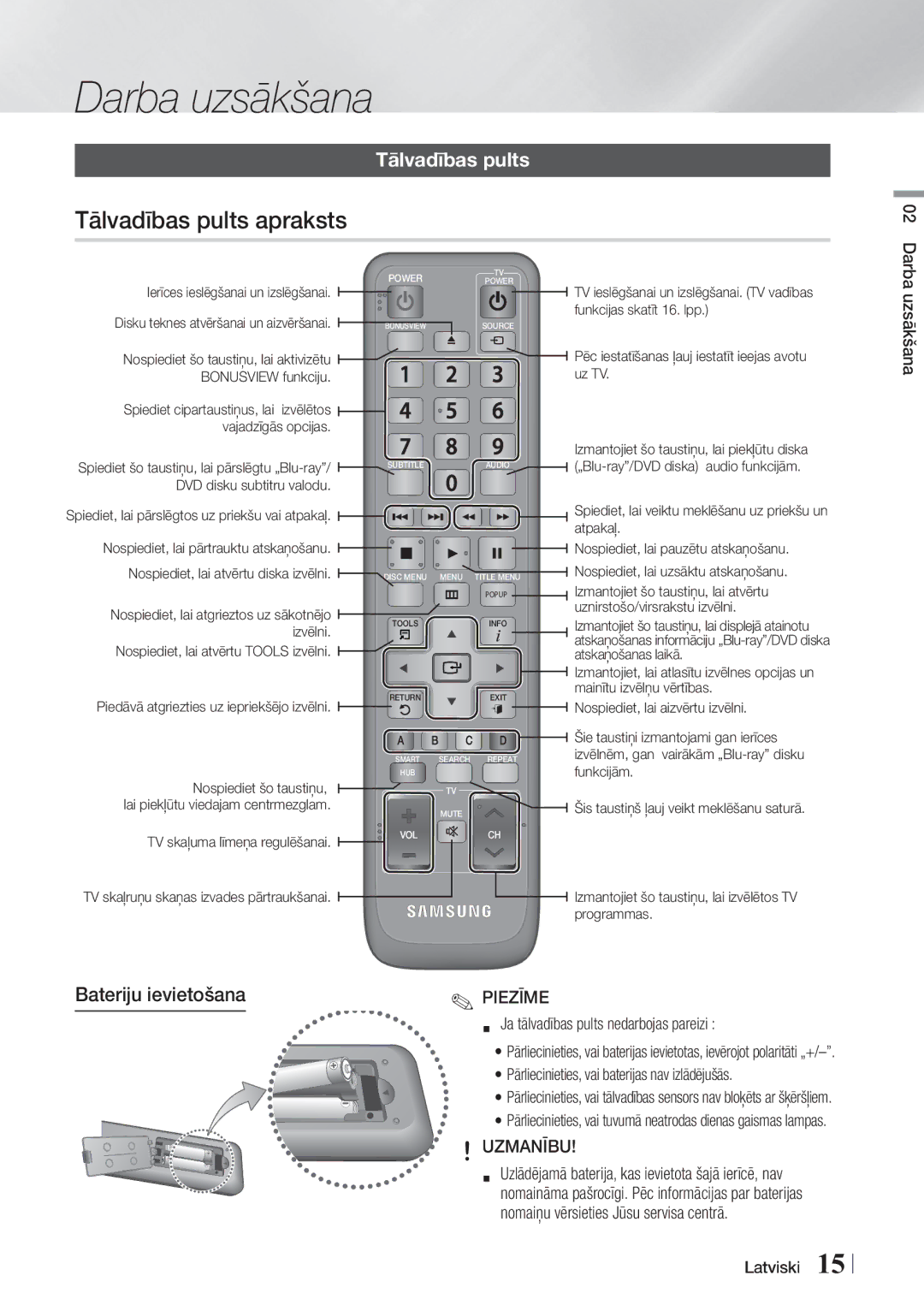 Samsung BD-ES7000/EN manual Bateriju ievietošana, Uzsākšana, Ja tālvadības pults nedarbojas pareizi 