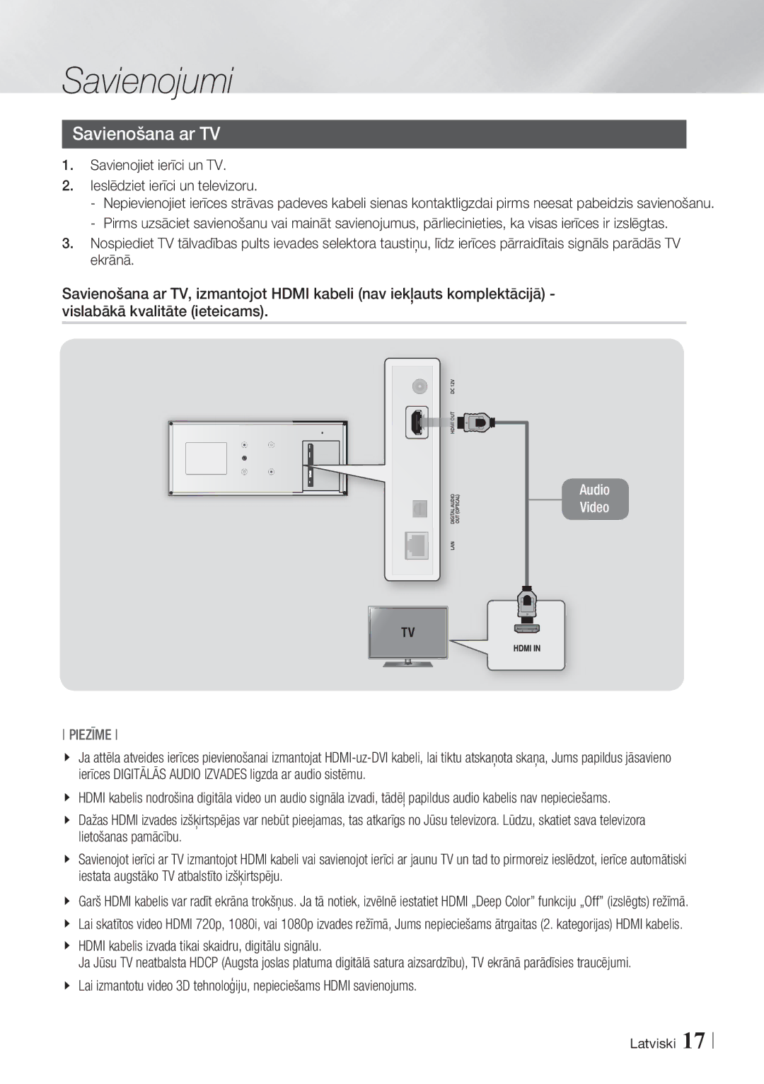 Samsung BD-ES7000/EN manual Savienojiet ierīci un TV Ieslēdziet ierīci un televizoru 