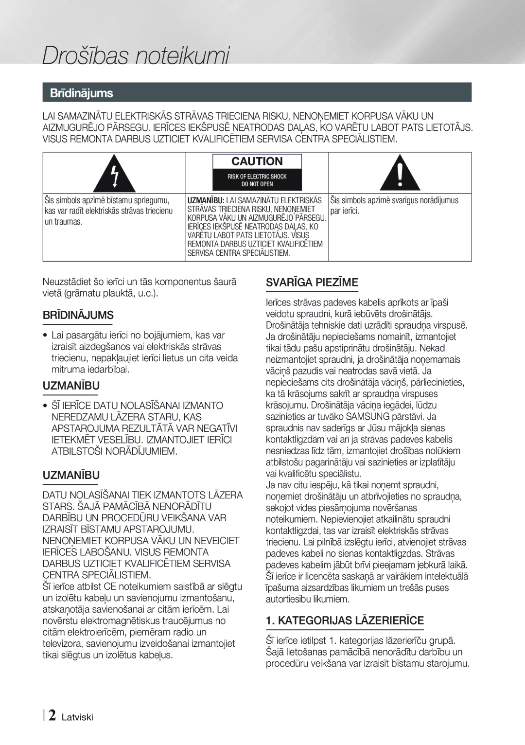 Samsung BD-ES7000/EN manual Drošības noteikumi, Brīdinājums 