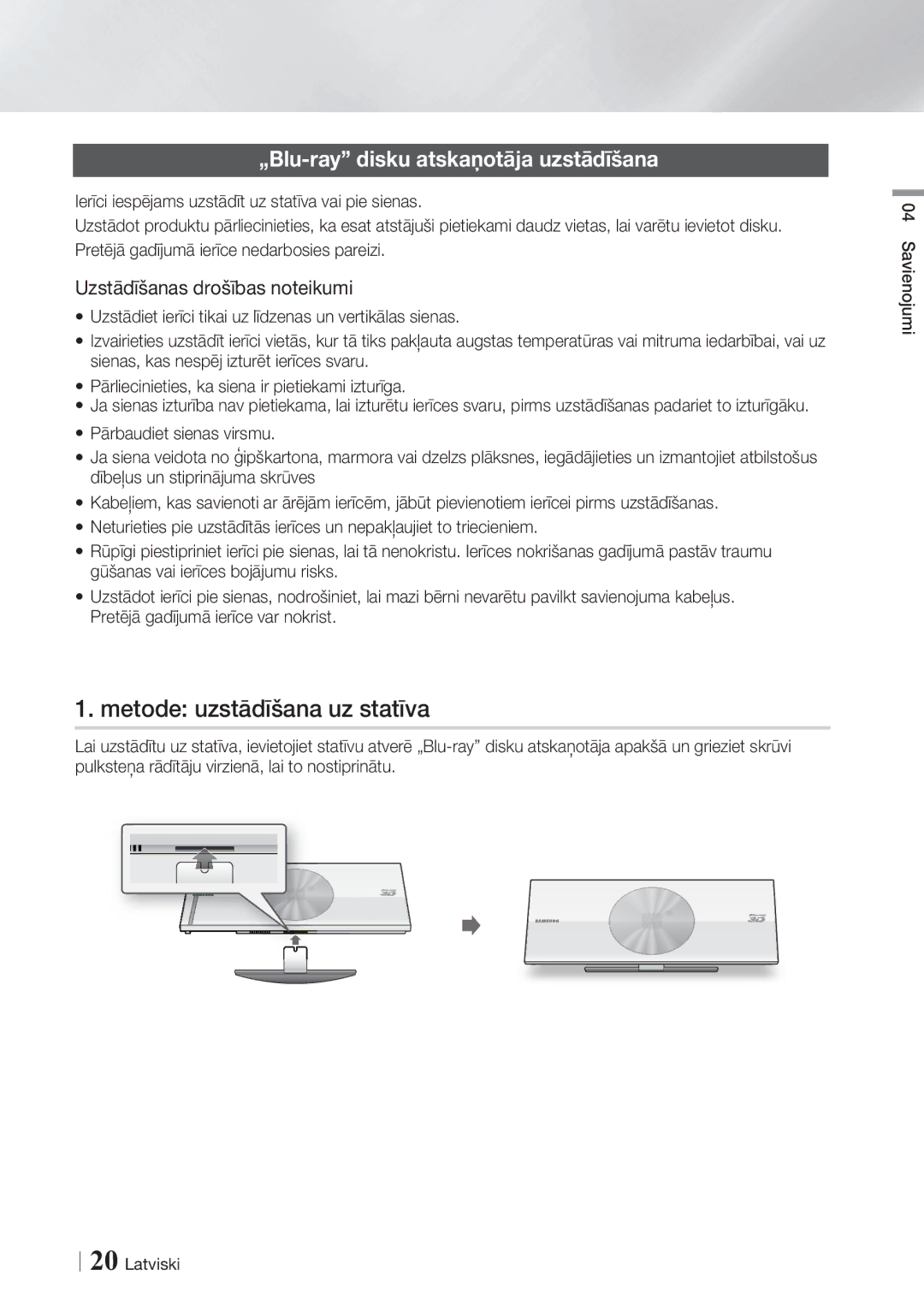 Samsung BD-ES7000/EN manual „Blu-ray disku atskaņotāja uzstādīšana, Uzstādīšanas drošības noteikumi, Savienojumi Latviski 