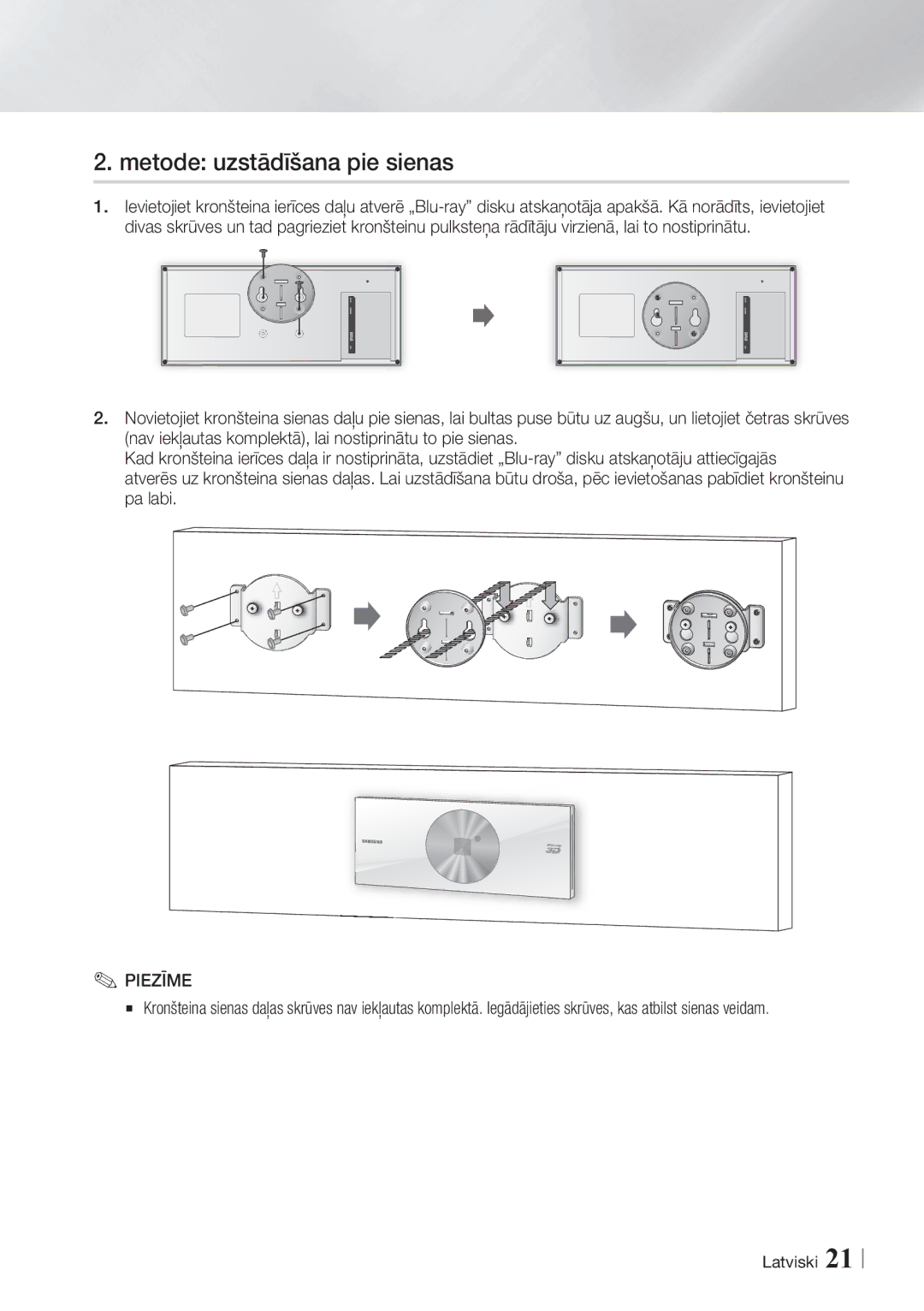 Samsung BD-ES7000/EN manual Metode uzstādīšana pie sienas 