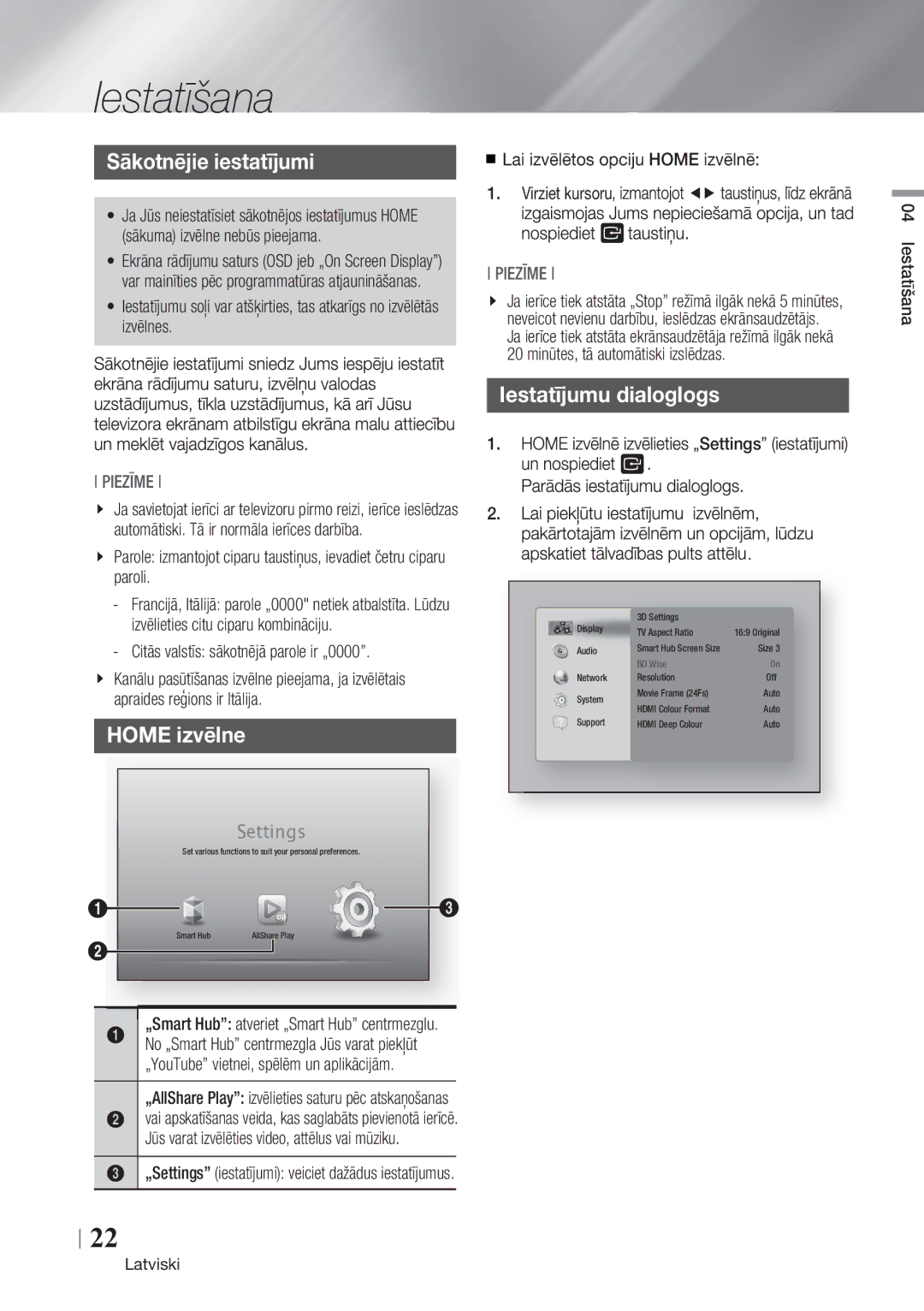 Samsung BD-ES7000/EN manual Sākotnējie iestatījumi, Home izvēlne, Iestatījumu dialoglogs, Settings 