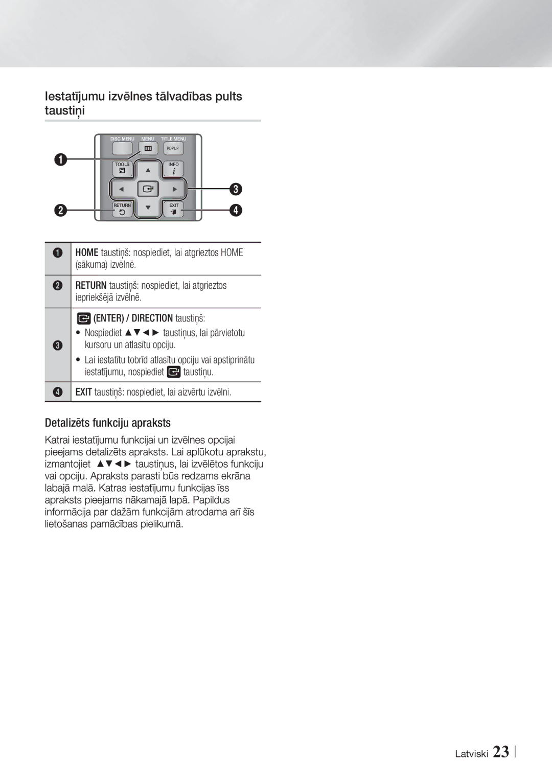 Samsung BD-ES7000/EN manual Iestatījumu izvēlnes tālvadības pults taustiņi, Detalizēts funkciju apraksts 