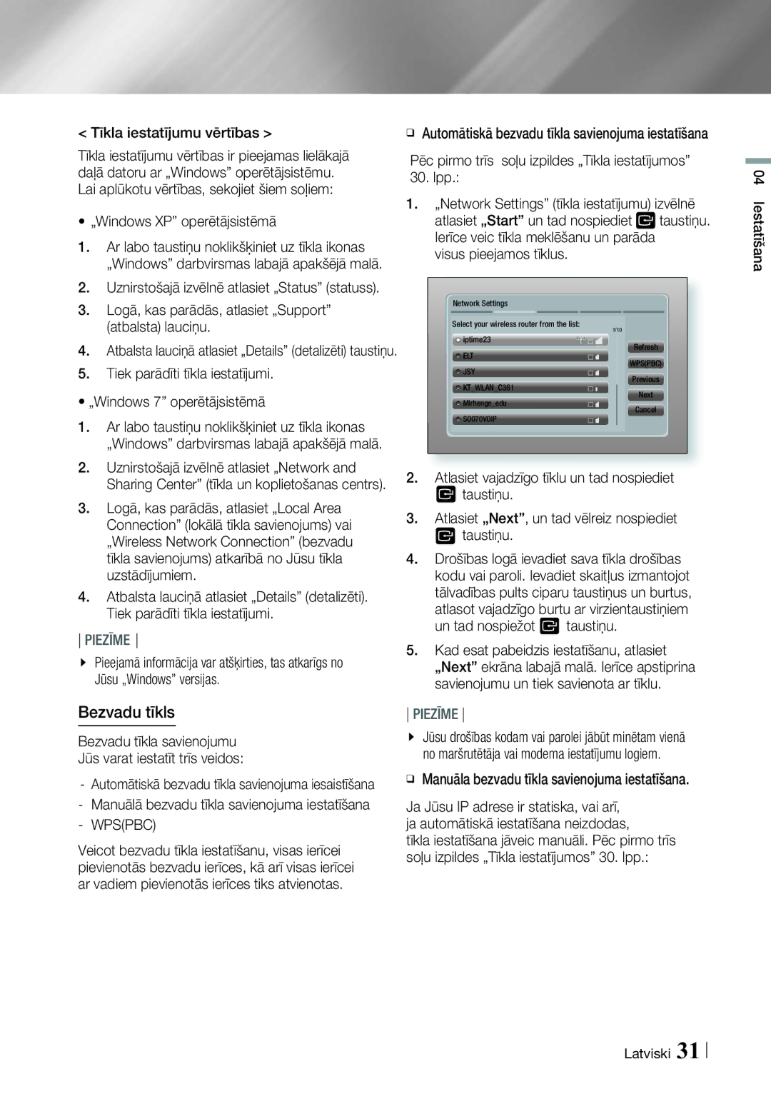 Samsung BD-ES7000/EN manual Bezvadu tīkls, Wpspbc 