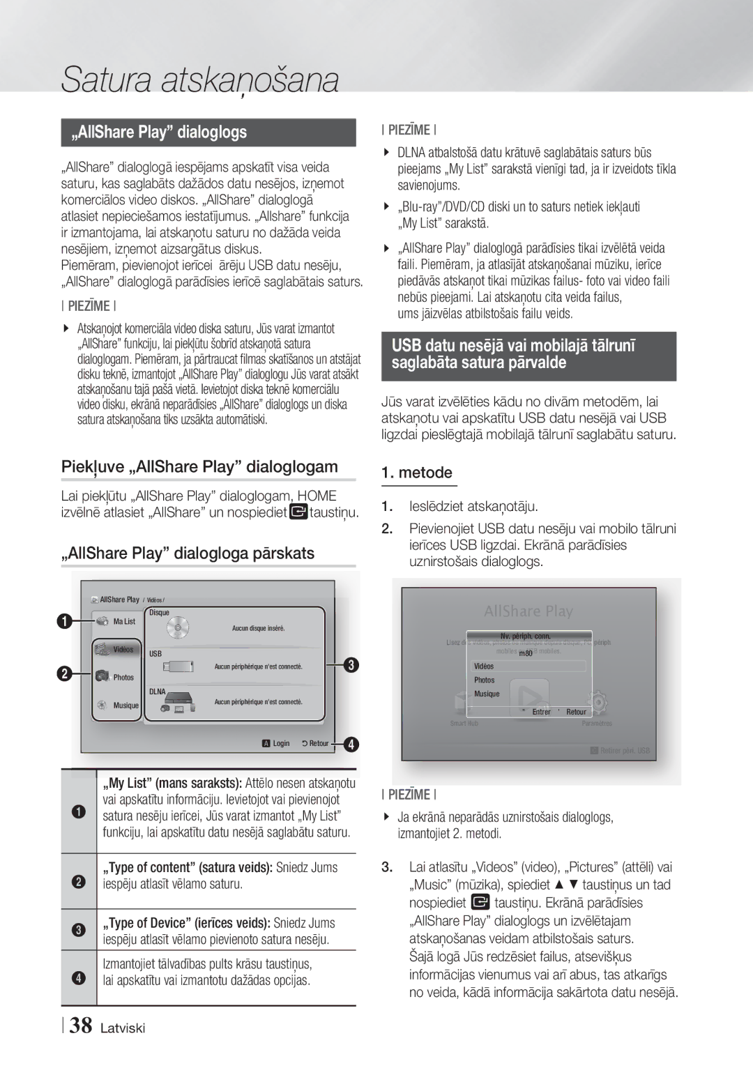 Samsung BD-ES7000/EN „AllShare Play dialoglogs, Piekļuve „AllShare Play dialoglogam, „AllShare Play dialogloga pārskats 