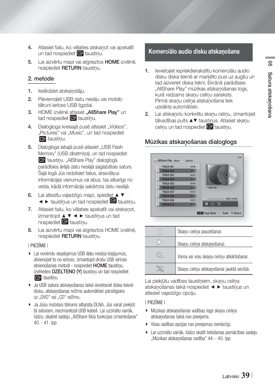 Samsung BD-ES7000/EN manual Komerciālo audio disku atskaņošana, Mūzikas atskaņošanas dialoglogs 