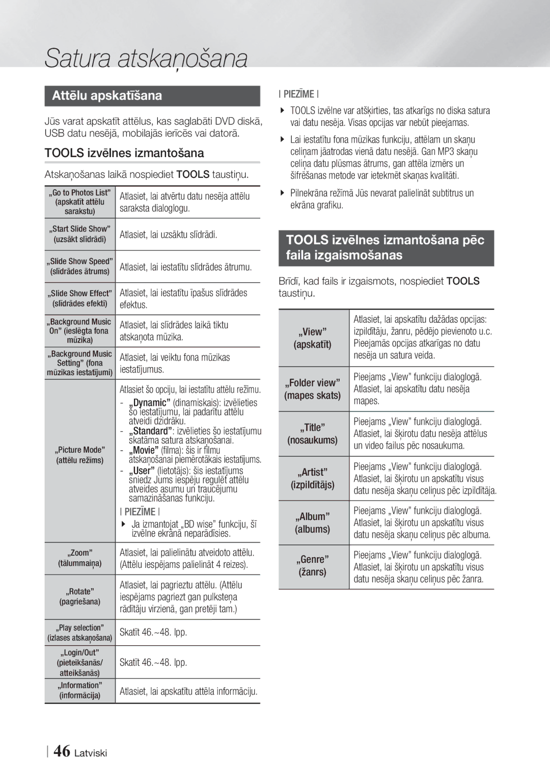 Samsung BD-ES7000/EN manual Attēlu apskatīšana, Tools izvēlnes izmantošana pēc Faila izgaismošanas 