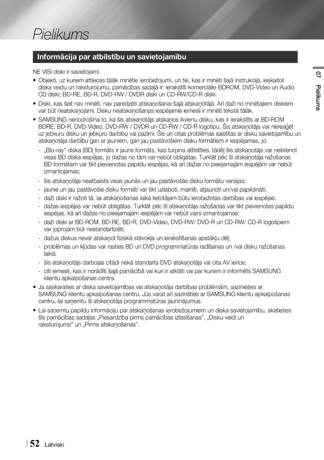 Samsung BD-ES7000/EN manual Informācija par atbilstību un savietojamību, Raksturojums un „Pirms atskaņošanas 