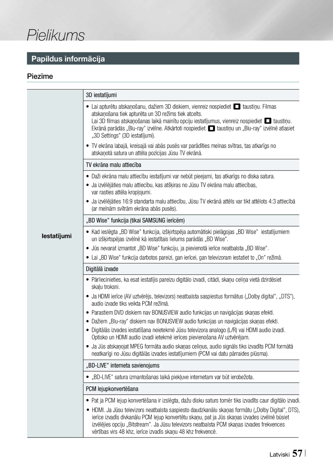 Samsung BD-ES7000/EN manual Papildus informācija, 3D iestatījumi 