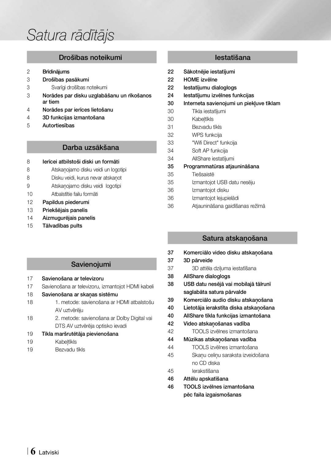 Samsung BD-ES7000/EN manual Drošības noteikumi, Darba uzsākšana, Savienojumi, Iestatīšana, Satura atskaņošana 