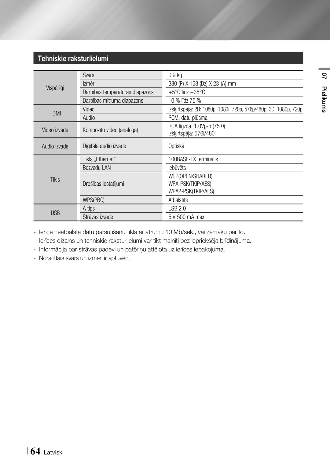 Samsung BD-ES7000/EN manual Tehniskie raksturlielumi, Wepopen/Shared, Wpa-Psktkip/Aes, WPA2-PSKTKIP/AES 